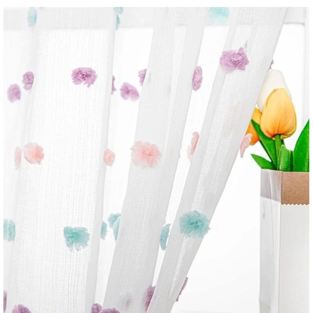 NEW DKNY Window Rod Pocket Panel Pastels Pom Pom White Sheer 84
